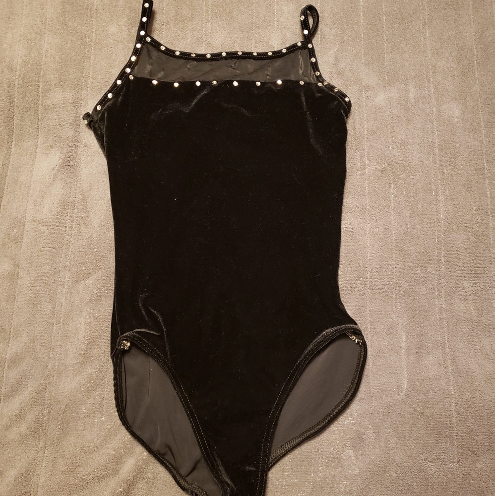 Black velvet leotard with rhinestones